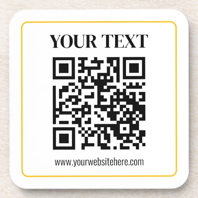 Editable QR code & Text w/Yellow Gold Border Coaster (Front)