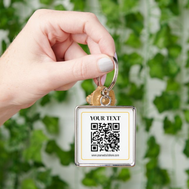 Editable QR code & Text w/Yellow Gold Border Key Ring (Hand)