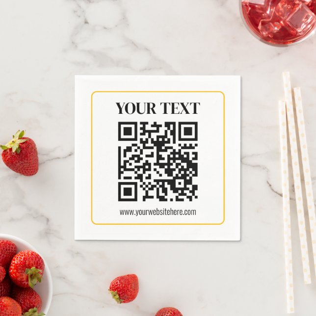 Editable QR code & Text w/Yellow Gold Border Napkin (Insitu)