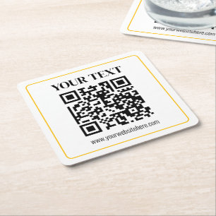Editable QR code & Text w/Yellow Gold Border Square Paper Coaster