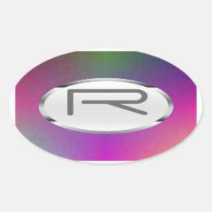 Editable R "Purple Metallic" Silver Oval Stickers