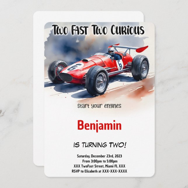 Editable Racing Car, Two Fast Birthday Invitation (Front/Back)