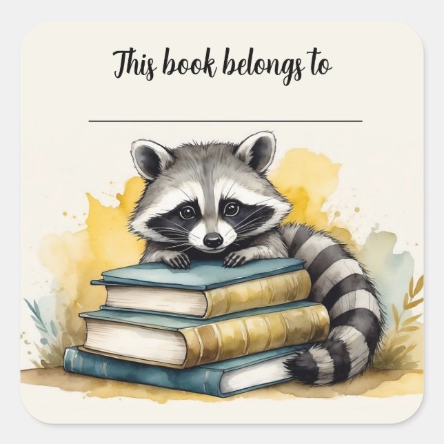 Editable Racoon and Books Bookplate Sticker (Front)