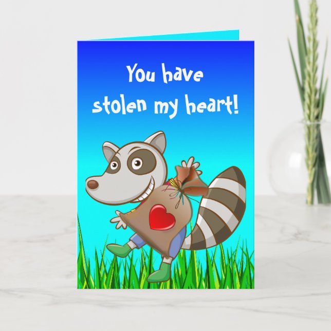 Editable Racoon Stealing a Heart Valentine's Day Card (Front)