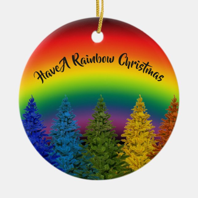 Editable Rainbow Christmas Tree Ceramic Ornament (Front)