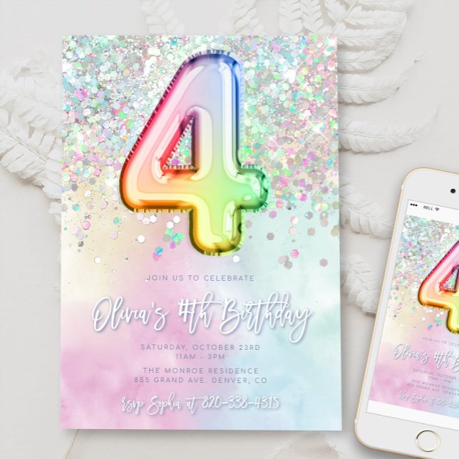 Editable Rainbow Glitter 4th Birthday Invitation 4 (Creator Uploaded)