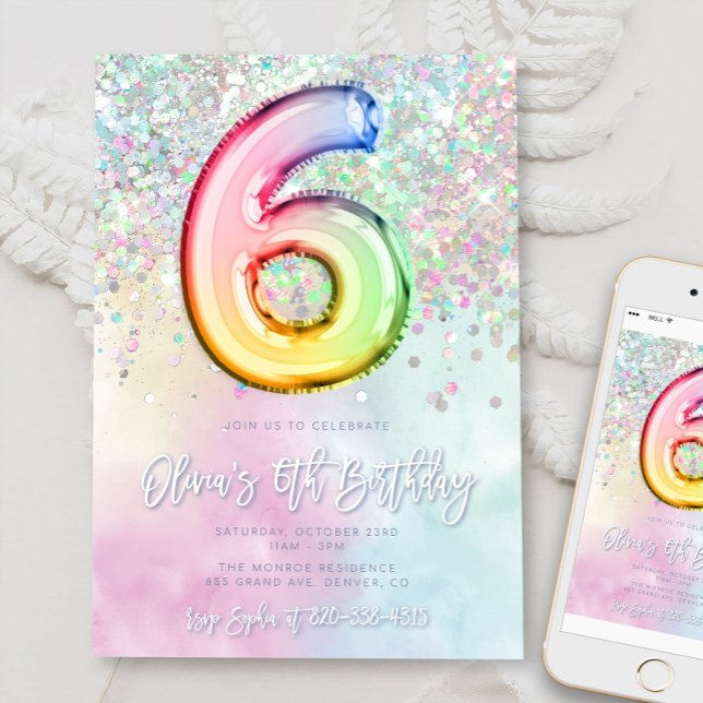 Editable Rainbow Glitter 6th Birthday Invitation 6 (Creator Uploaded)