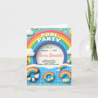 Editable Rainbow Pool Party Birthday Summer Swim Invitation