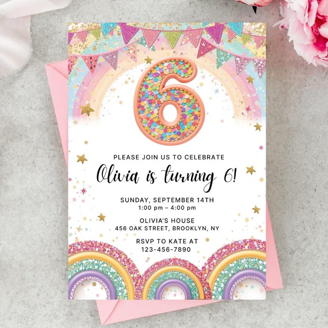 Editable Rainbow Sequin 6th Birthday Invitation (Creator Uploaded)