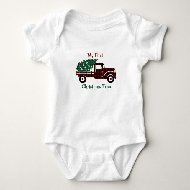 EDITABLE Red and Green Plaid Christmast Tree Truck Baby Bodysuit (Front)