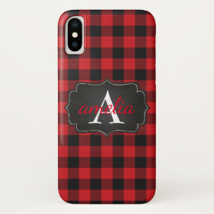 EDITABLE Red & Black  Buffalo Plaid Monogrammed iPhone X Case