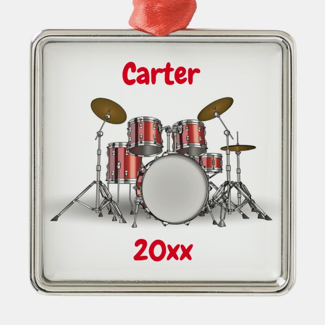 Editable Red Drum Set Metal Ornament (Front)
