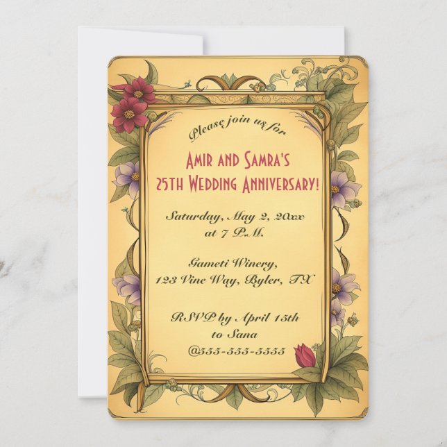 Editable Red Flowers and Green Vines Invitation (Front)