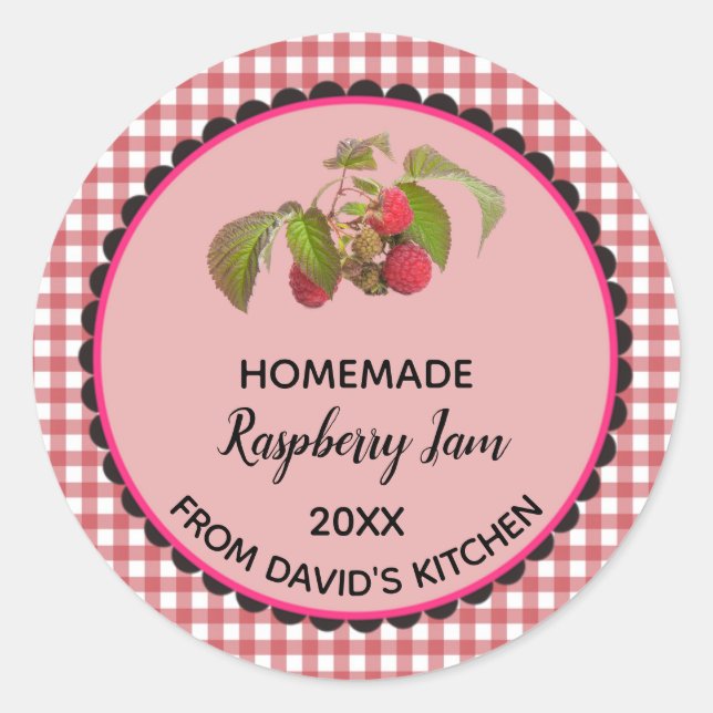 Editable Red Gingham Raspberry Jam Label Stickers (Front)