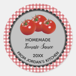 Editable Red Gingham Tomato Sauce Label Stickers