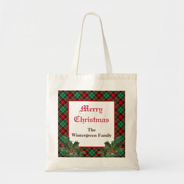 Editable Red Green Plaid with Holly Tote Bag (Front)