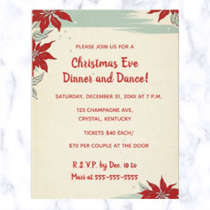 Editable Red Poinsettias Christmas Dinner Dance Invitation Postcard