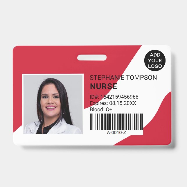 editable red professional nurse photo logo code ID badge (Front)