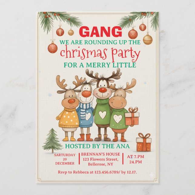 Editable Reindeer Christmas Party  Invitation (Front)