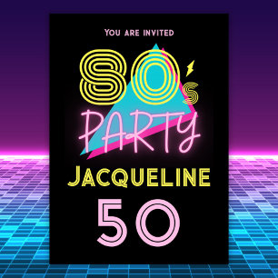 Editable Retro 80s Party Neon Pink 50th Birthday Invitation