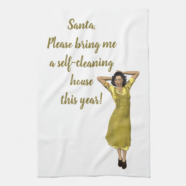 Editable Retro Lady Self Clean House Request Tea Towel (Vertical)