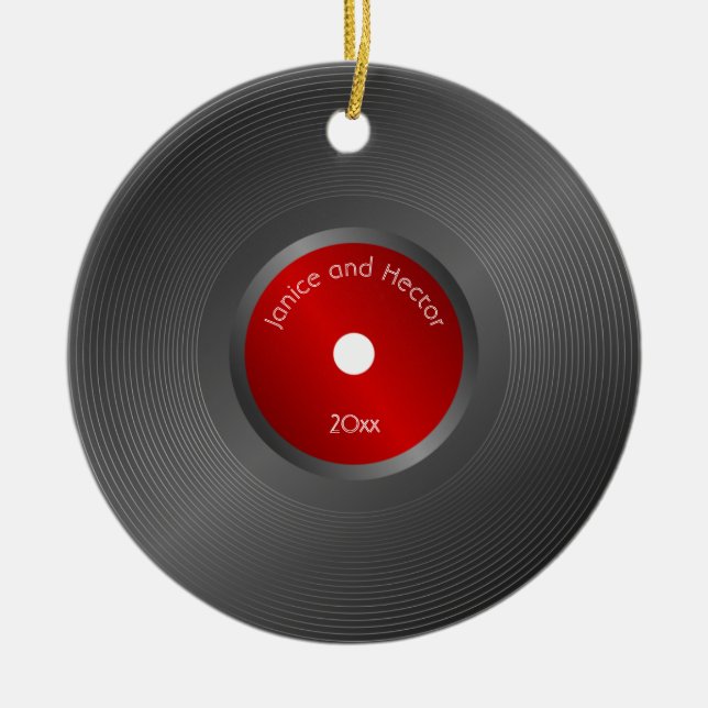Editable Retro Vinyl Record Christmas Ceramic Ornament (Front)