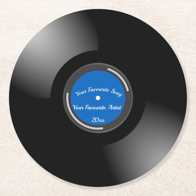 Editable Retro Vinyl Record With Blue Centre Round Paper Coaster (Front)