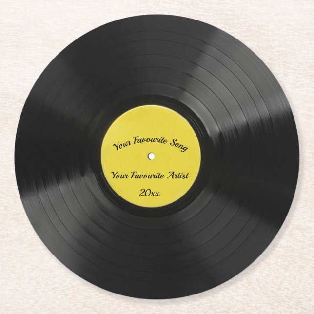 Editable Retro Vinyl Record With Yellow Centre Round Paper Coaster (Front)