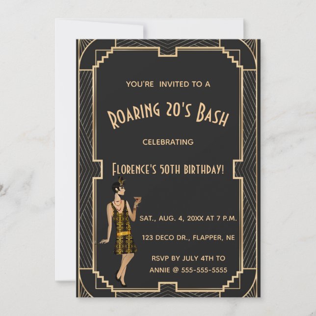 Editable Roaring 20s Birthday Bash Party Invitation (Front)