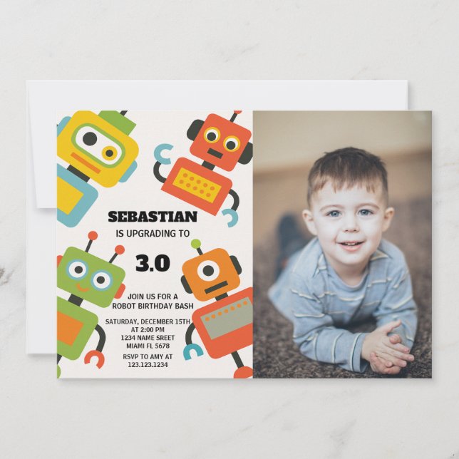 Editable Robot Birthday Party Invitation (Front)