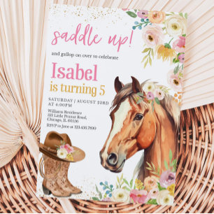 Editable Saddle Up Pink Horse CowGirl Birthday Inv Invitation