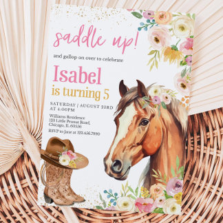 Editable Saddle Up Pink Horse CowGirl Birthday Inv Invitation