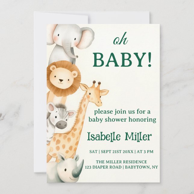 Editable Safari Baby Shower Invitation Animals  (Front)