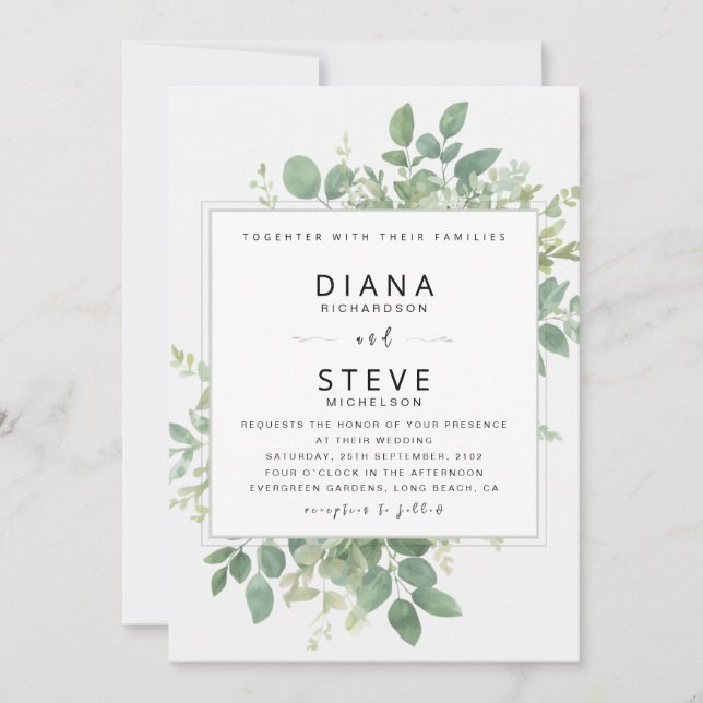 Editable Sage Green Botanical Frame Wedding Invitation (Front)