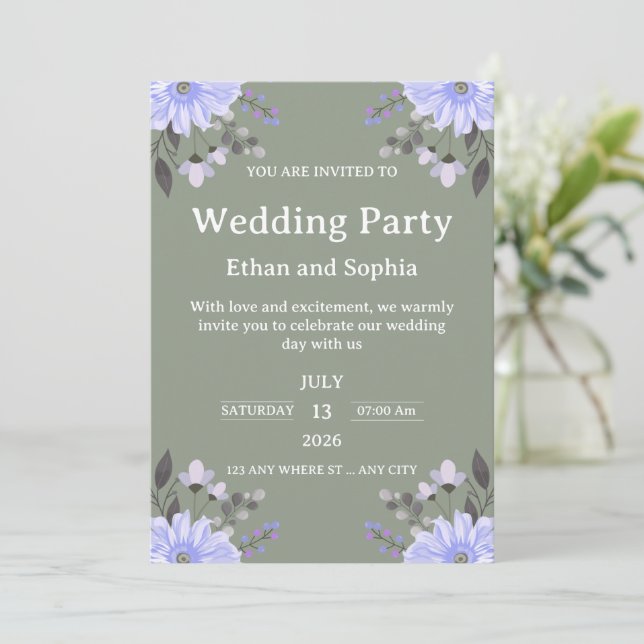 Editable Sage Green Floral Wedding Invitation (Standing Front)