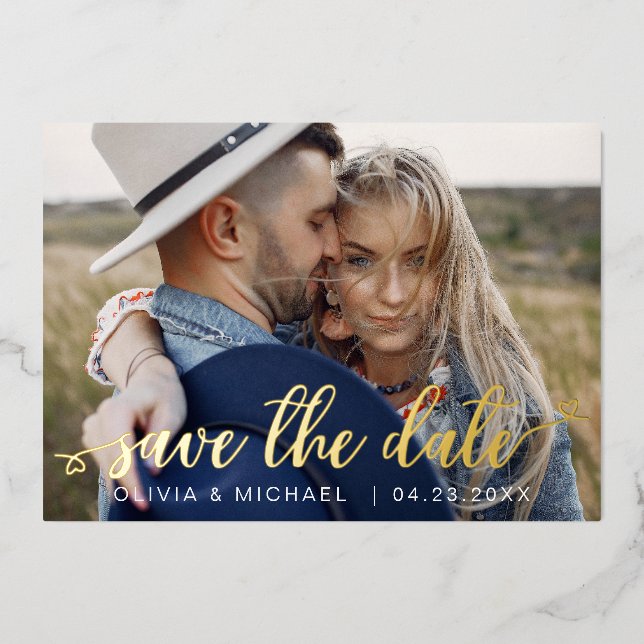 Editable Save the Date Gold Handwritten Hearts (Front)