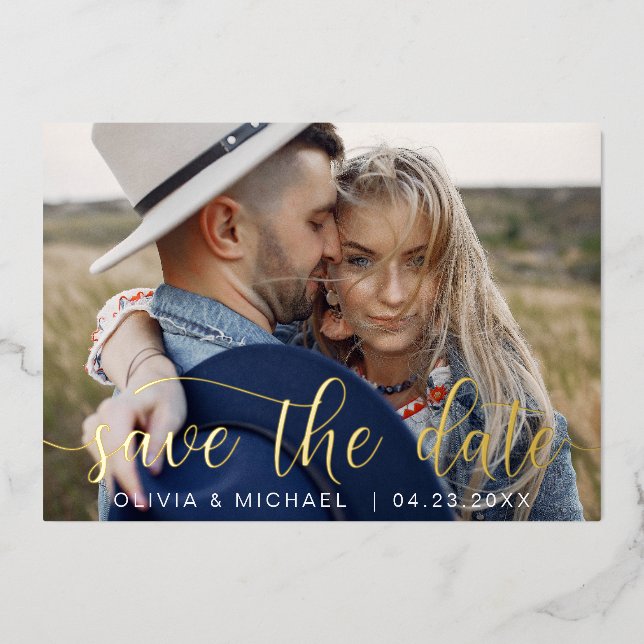 Editable Save the Date Gold Handwritten Photo  (Front)