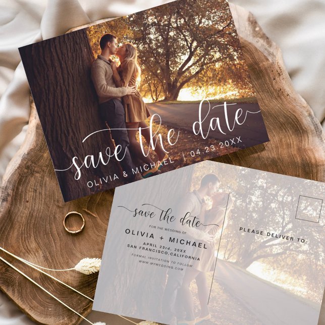 Editable Save the Date White Handwritten Photo Postcard (Creator Uploaded)