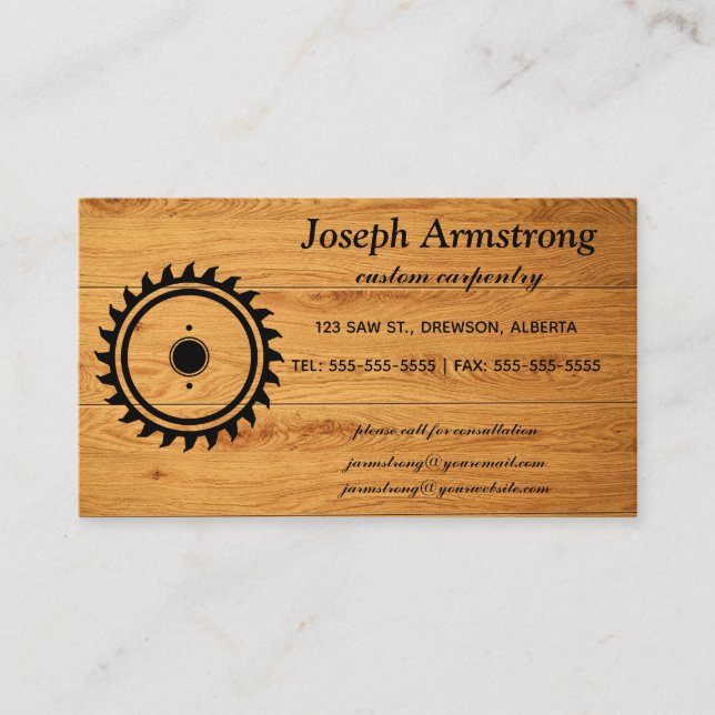Editable Saw Blade on Wood Carpentry Business Card (Front)