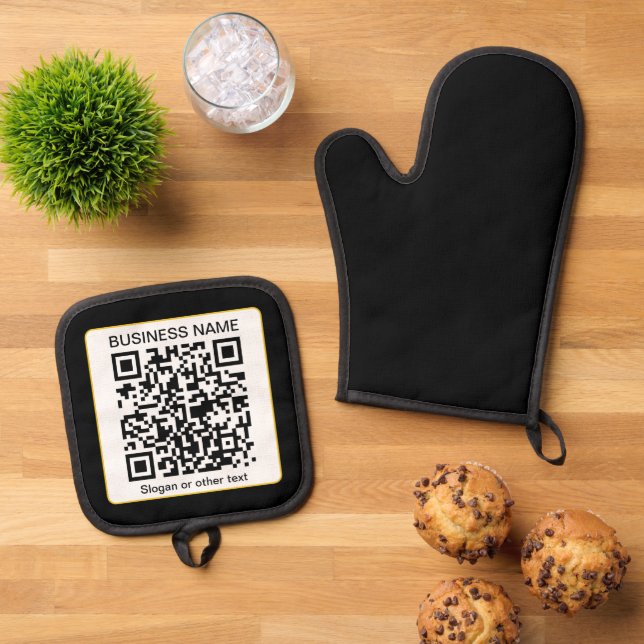 Editable Scannable QR code + Your Business Name Oven Mitt & Pot Holder Set (Top Down)