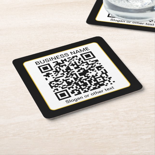 Editable Scannable QR code + Your Business Name Square Paper Coaster (Angled)