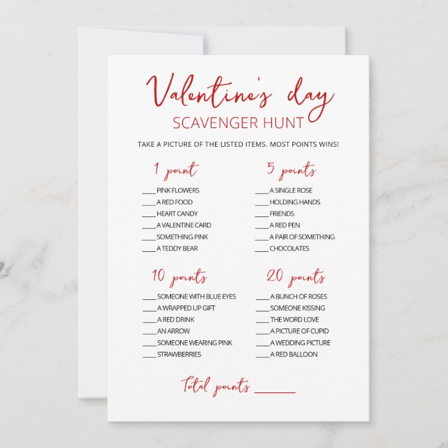 Editable Scavenger Hunt Valentine's Day game Card (Front)