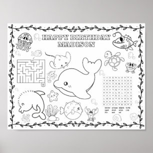 Editable sea animals Birthday colouring mat Poster