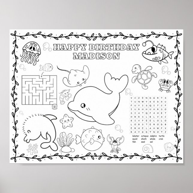 Editable sea animals Birthday colouring mat  Poster (Front)