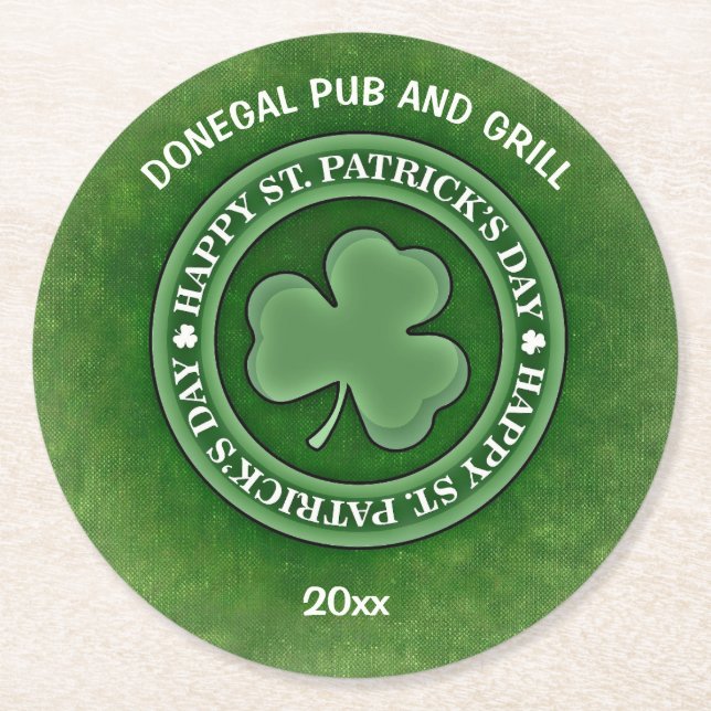 Editable Shamrock St Patricks Day Round Paper Coaster (Front)