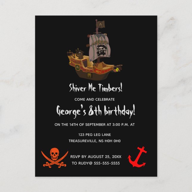 Editable Shiver Me Timbers Pirate Birthday Invitation Postcard (Front)