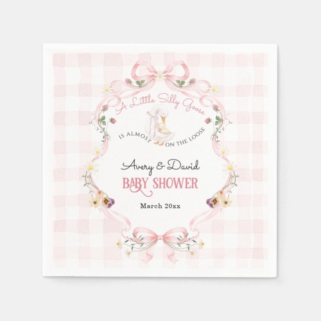 Editable Silly Goose Baby Shower Pink Bow Napkin (Front)