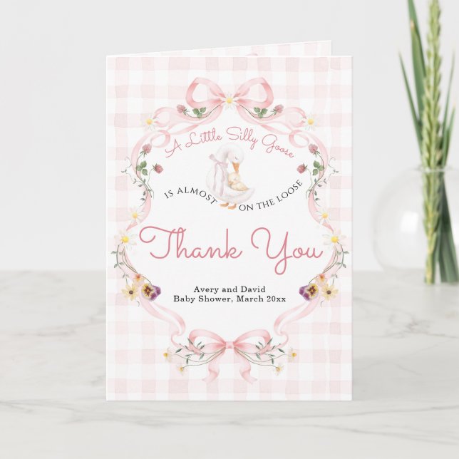 Editable Silly Goose Baby Shower Pink Bow Thank You Card (Front)