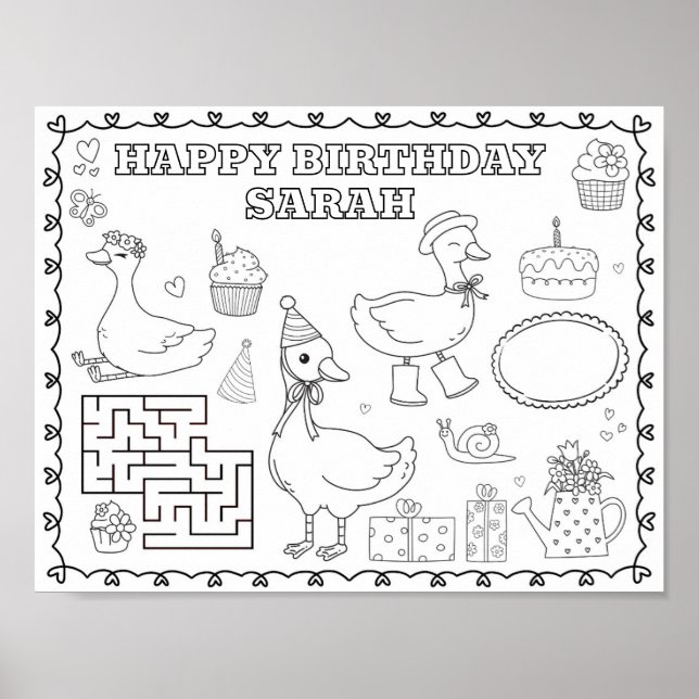 Editable silly goose birthday colouring mat  poster (Front)