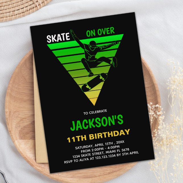 Editable Skater Party Invite for Boys (Yellow Green Skateboards Birthday Invitations)